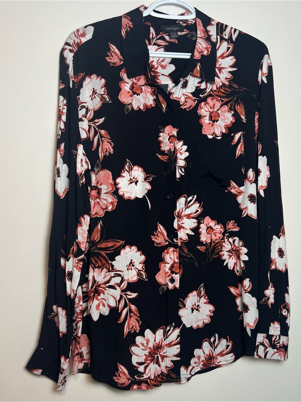 Lord & Taylor Floral Button Down Shirt Long Sleeve Black Pink size -L